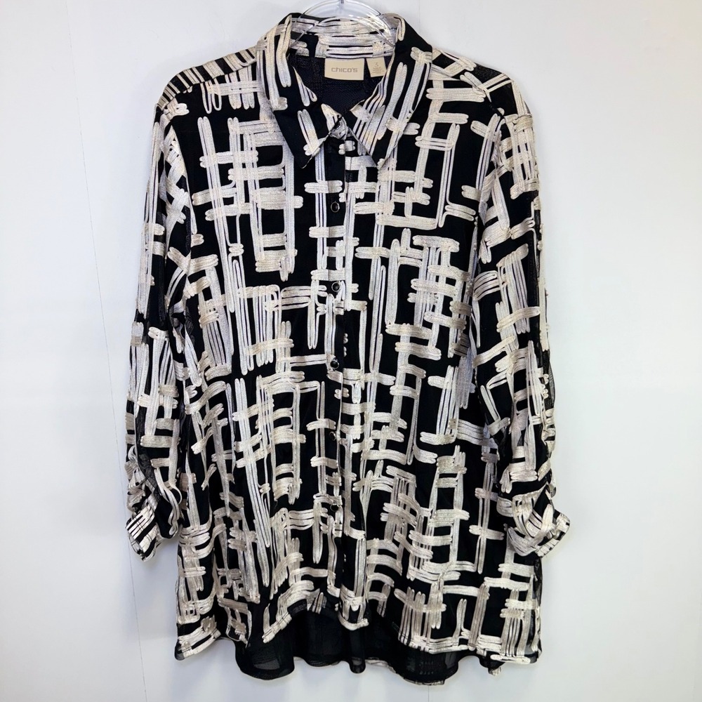 Chico's Soutache Ribbon Button Down long Sleeve Blouse Size 3 Office Mature